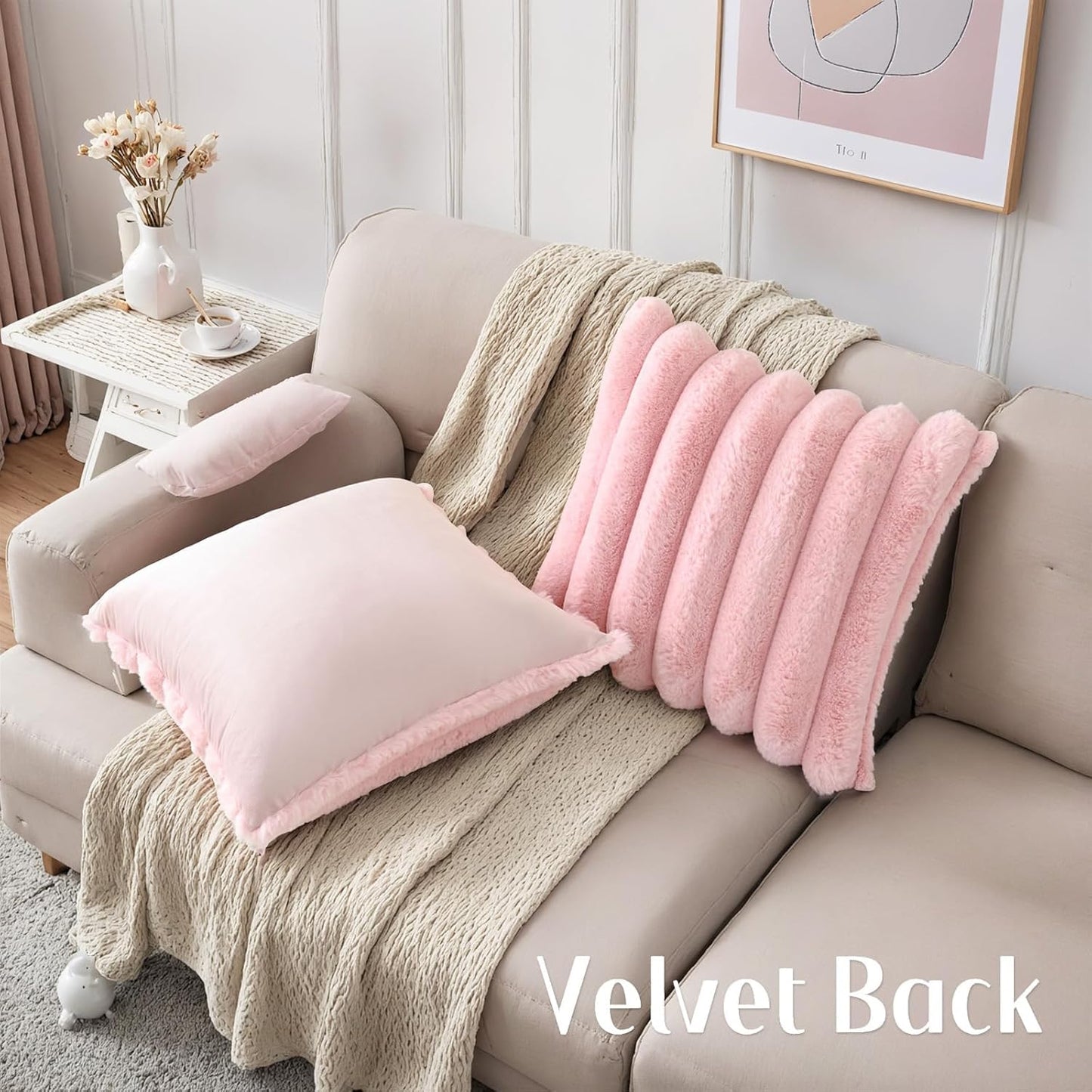 HAUSSY Faux Fur Throw Pillow Covers 18x18 Inch Set of 2,Decorative Striped Neutral Pillow Cases Soft Plush Couch Pillow Covers,Home Decor for Sofa,Bed, Living Room,Pink