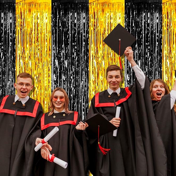 4 Pack Black Gold Foil Fringe Curtain Backdrop, 3.28Ft x 9.8Ft Metallic Tinsel Foil Fringe Streamers Curtains for Photo Booth, Wedding, Graduation, Birthday, Carnival Party Decoration