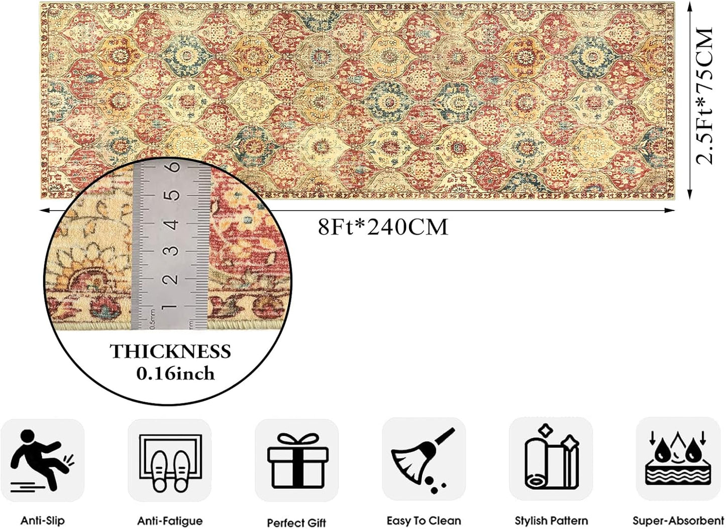 Lahome Moroccan Hallway Rug, 2'5''x8' Kitchen Runner Rugs Non Skid Washable Runners for Hallways, Ultra-Thin Oriental Carpet for Entryway Laundry Room Bedroom Bathroom, Red/Orange