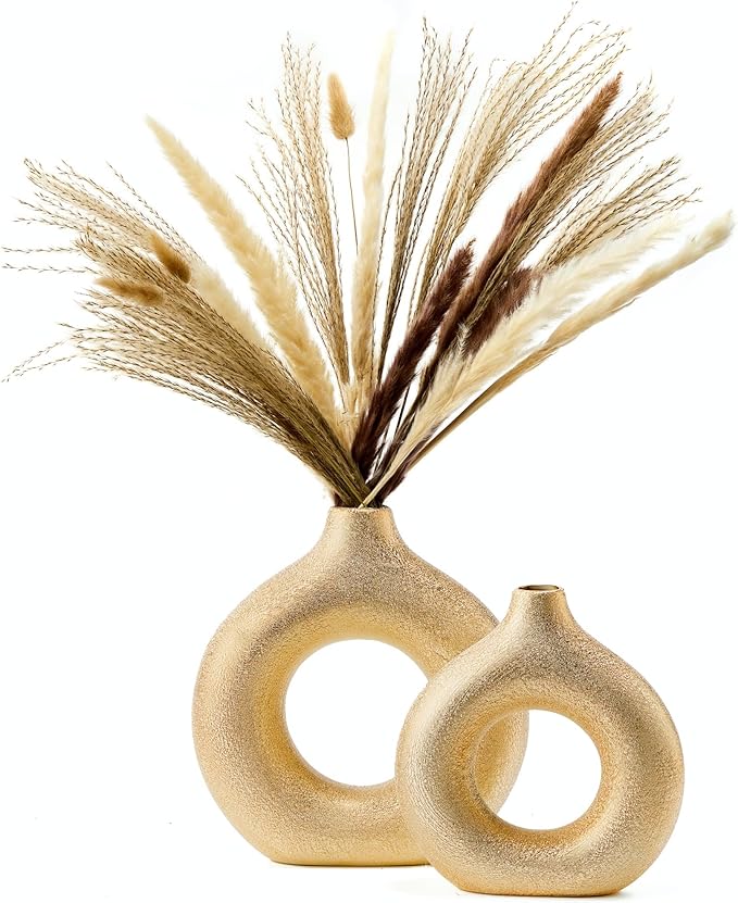 Set of 2 Donut Hollow Ceramic Vase Handmade Minimalist Boho ins Style, Modern Vase for Home Decor for Wedding Dinner Table Party Living Room Office Bedroom (Gold, Large + Small)