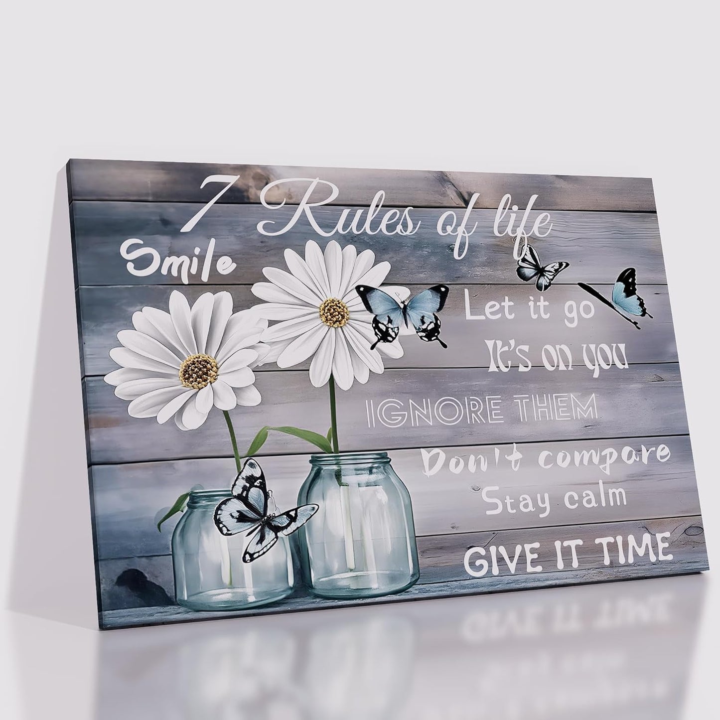 Inspirational Wall Art Rustic Daisy Butterfly Canvas Vintage Floral Wall Decor Poster Print Flowers Picture Painting Wall Decor Artwork for Living Room Workplace Gym Stretched and Framed [36''Wx24''H]