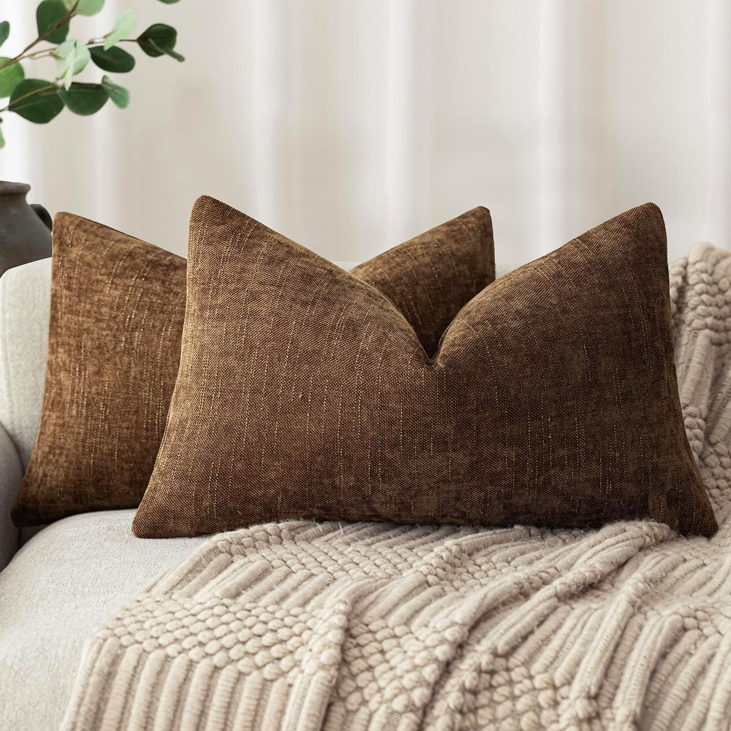 Foindtower Set of 2 Textured Chenille Throw Decorative Pillow Covers Square Accent Solid Cushion Cover Neutral Farmhouse Lumbar Pillow Case for Couch Sofa Bedroom Living Room 12x20 Inch,Dark Bronze