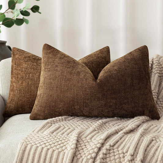 Foindtower Set of 2 Textured Chenille Throw Decorative Pillow Covers Square Accent Solid Cushion Cover Neutral Farmhouse Lumbar Pillow Case for Couch Sofa Bedroom Living Room 12x20 Inch,Dark Bronze