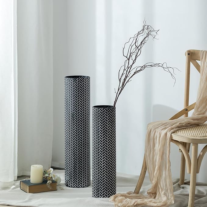Sziqiqi Black Tall Floor Vase: 27.6/21.7in Metal Modern Cylinder Floor Vases - Woven Texture Extra Large Decorative Vase Set of 2 Home Decor for Living Room Bedroom Home Corner Indoor Office
