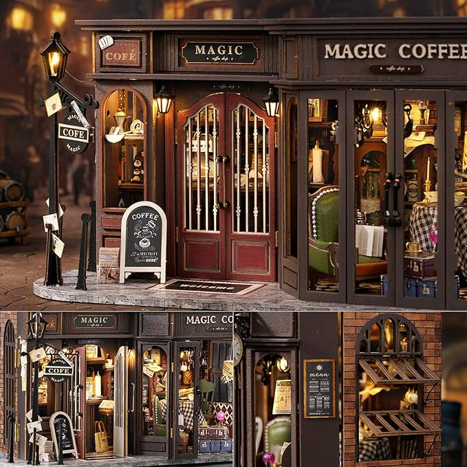 TuKIIE DIY Miniature Dollhouse Kit with Furniture, 1:24 Scale Creative Room Opened & Closed Wooden Doll House Plus Dust Proof for Kids Teens Adults(Vintage Coffee Shop)