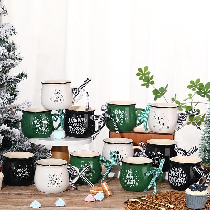 Zubebe Christmas Coffee Mugs Set of 12, 12 oz Hot Cocoa Ceramic Holiday Mugs Set for Mom, Woman, Family, Friend - Farmhouse Tiered Tray Decor, Coffee Bar Decor(Dark Green, Black, White)