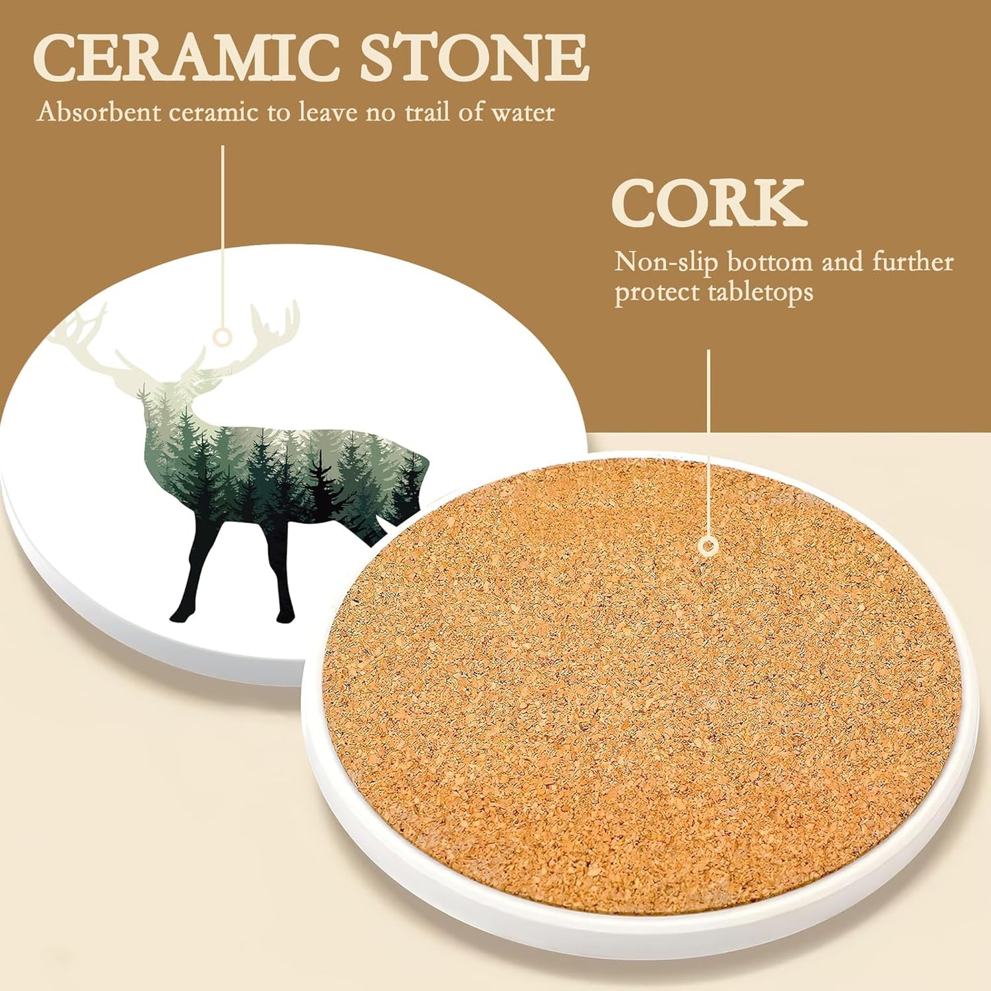 Drink Coasters with Holder,6 Pcs Deer Misty Forest Absorbent Ceramic Coasters with Cork Base,Cute Funny Table Drinks Coasters,Table Home Decor,4 Inches