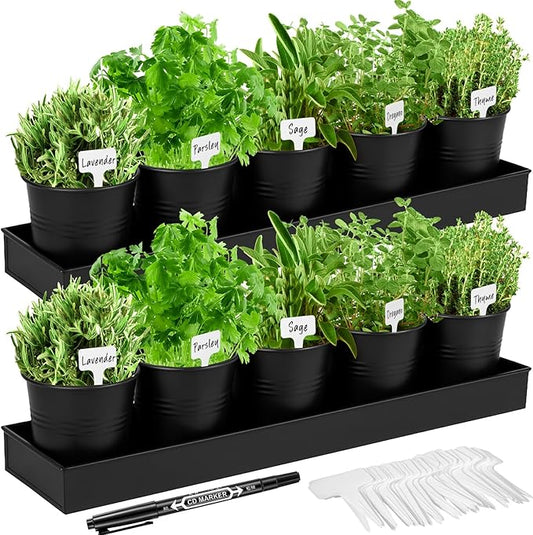 2 Sets Herb Garden Planter Indoor Kit with Trey 10 Pcs Metal Windowsill Plant Pots with Drainage Holes Indoor Herb Planter with Marker and Labels for Home Outdoor Plants (Black)