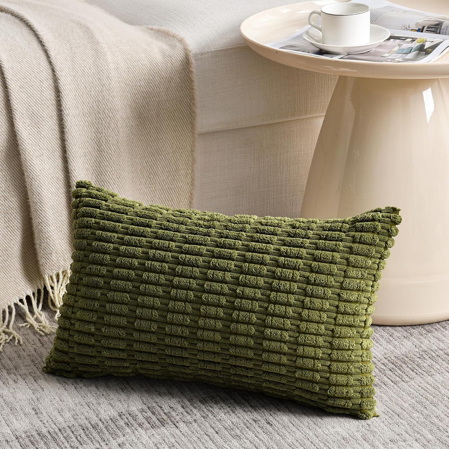 Fancy Homi 1 Pack Boho Moss Green Decorative Throw Pillow Covers 12x20 Inch for Couch Bed Sofa, Rustic Modern Farmhouse Home Decor, Soft Plush Corduroy Cute Rectangle Cushion Case 30x50 cm