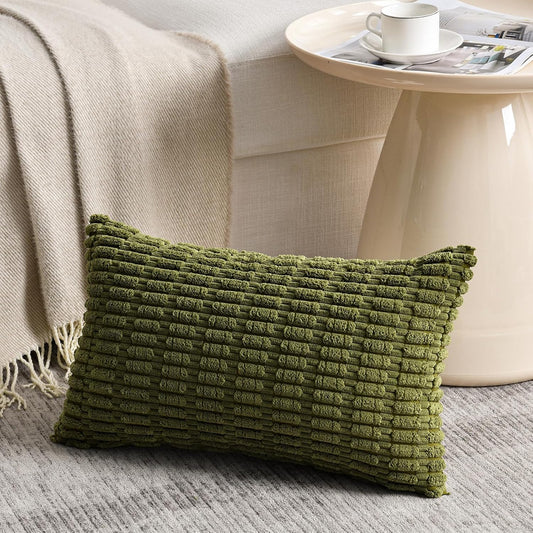 Fancy Homi 1 Pack Boho Moss Green Decorative Throw Pillow Covers 12x20 Inch for Couch Bed Sofa, Rustic Modern Farmhouse Home Decor, Soft Plush Corduroy Cute Rectangle Cushion Case 30x50 cm