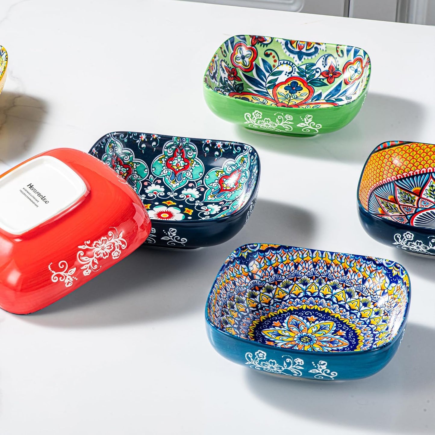 HENXFEN LEAD Boho Ceramic Square Bowls – 20 oz Colorful Bowls for Snacks, Dessert, Side Dishes, Pasta - 6 Inches Appetizer Plates Set of 6, Microwave & Dishwasher Safe