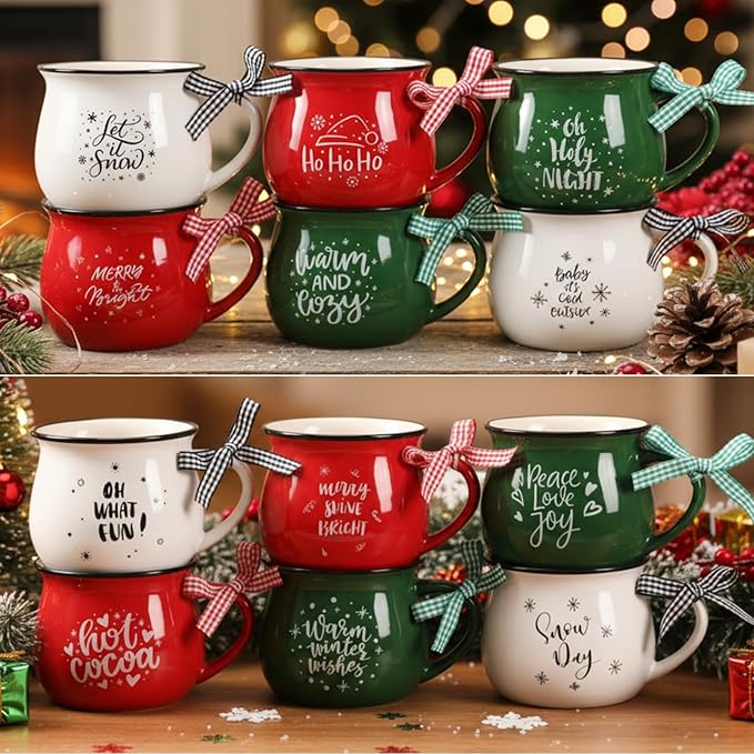 Zubebe Christmas Coffee Mugs Set of 12, 12 oz Hot Cocoa Ceramic Holiday Mugs Set for Mom, Woman, Family, Friend - Farmhouse Tiered Tray Decor, Coffee Bar Decor(Dark Green, Red, White,Classic)