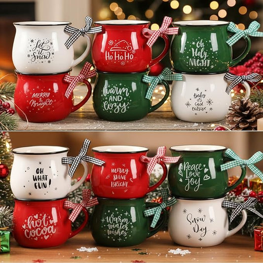 Zubebe Christmas Coffee Mugs Set of 12, 12 oz Hot Cocoa Ceramic Holiday Mugs Set for Mom, Woman, Family, Friend - Farmhouse Tiered Tray Decor, Coffee Bar Decor(Dark Green, Red, White,Classic)