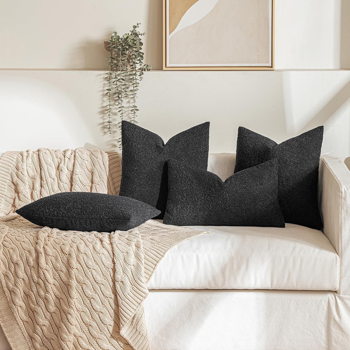 MIULEE 22x22 Inch Decorative Euro Sham Throw Pillows for Bed Set of 2 Textured Boucle Neutral Winter Throw Pillow Covers Black Accent Solid Euro Couch Pillowcases Sofa Livingroom Home Decor