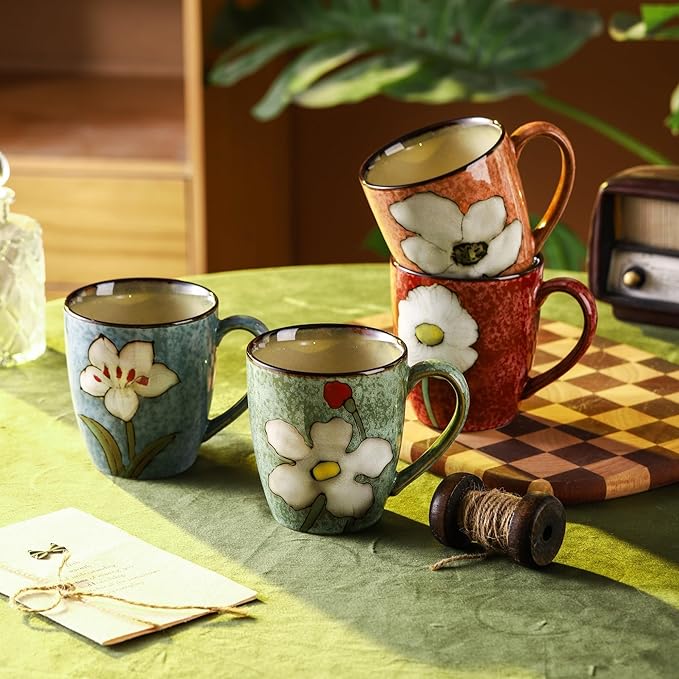 12oz/350ml Ceramic Coffee Mug with Handle,Hand Painted Vintage Floral Cappuccino Cup, Suitable for Tea Cups,Colorful Stoneware Coffee Mugs and Drinking Cup,Ideal Gifts for Women and Men-Green