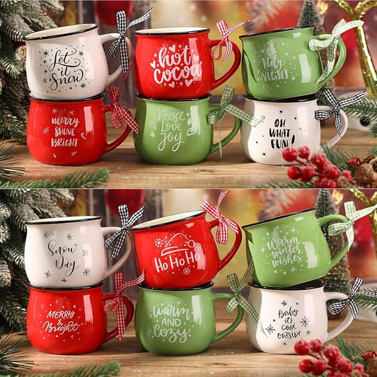 Zubebe Christmas Coffee Mugs Set of 12, 12 oz Hot Cocoa Ceramic Holiday Mugs Set for Mom, Woman, Family, Friend - Farmhouse Tiered Tray Decor, Coffee Bar Decor(Red, Green, White)