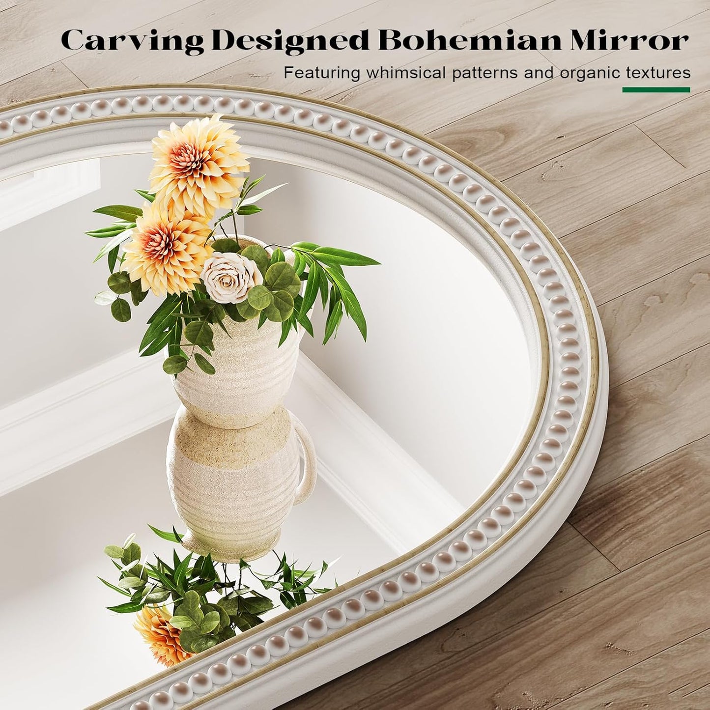 Farmhouse Mirror for Wall, 24" x 36" Arched Boho Mirror with Beaded, Arch Rustic Wooden Frame Decorative Wall Mirrors for Bathroom, Vanity, Living Room, Entryway