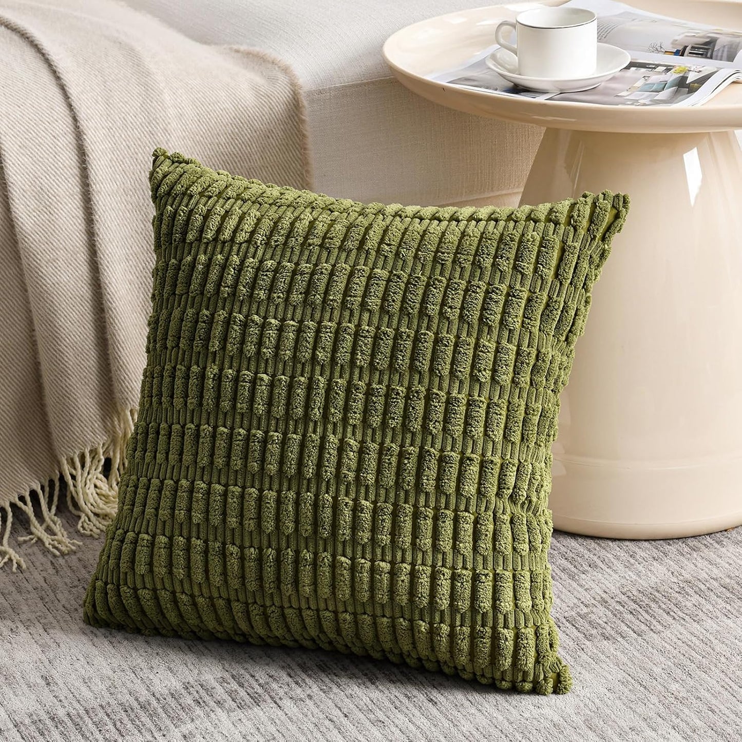 Fancy Homi 4 Packs Boho Moss Green Decorative Throw Pillow Covers 22x22 Inch for Couch Bed Sofa, Rustic Modern Farmhouse Home Decor, Soft Plush Corduroy Cute Square Cushion Case 55x55 cm