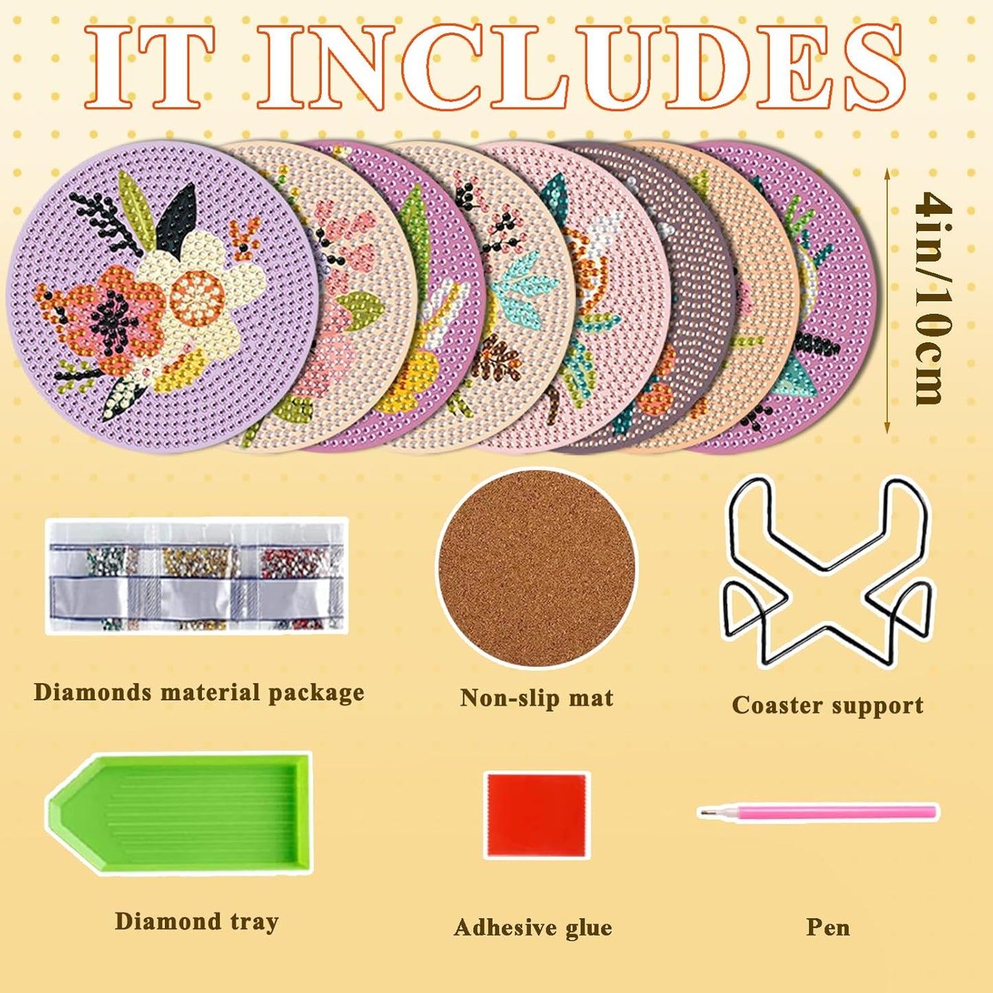 DOTSOPS Flowers Diamond Painting Coaster with Holder 5D Diamond Art Kits for Adults Round Full Drill Beginners Gem Dots Craft Arts Supplies Party Home Decor 8pcs