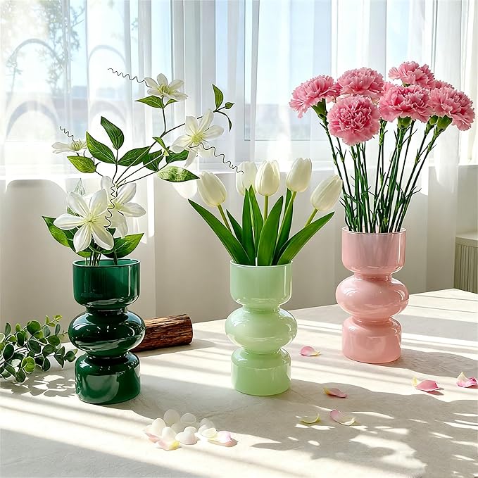 JSPYFITS Glass Hydroponic Flower Vase, 7 Inches Colored Glasses Bubble Vases for Flowers, Three-Layer Glass Funky Vase for Home/Office/Weddings/Party Table Flowers Decor (Milky Green)