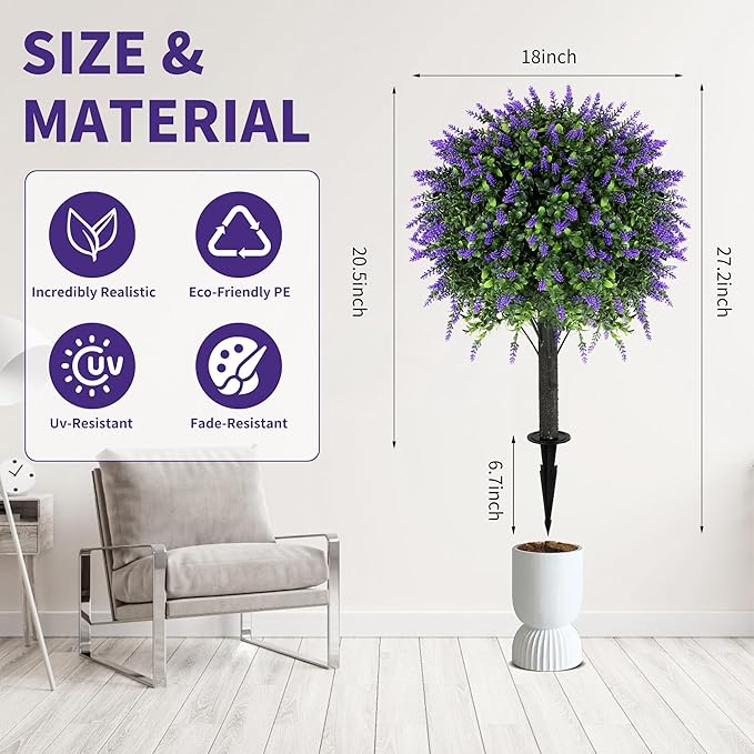 27.2" Artificial Lavender Topiary Set of 2 with Spike, Fake Plants Boxwood Balls Greenery Shrubs , Uv Resistant Artificial Push in Flowers Bushes for Outdoor Front Porch Decor, Home Faux Plants Indoor