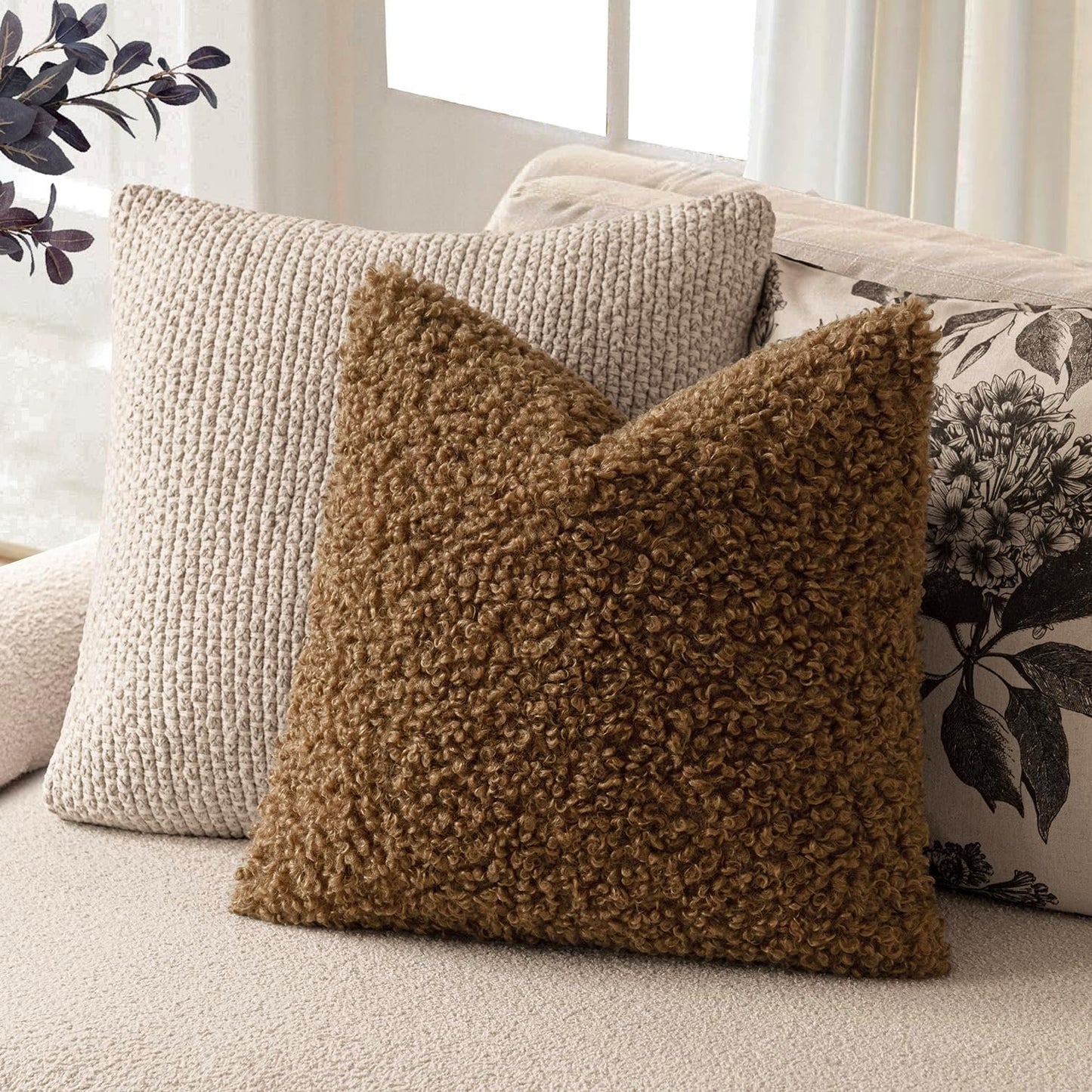 Foindtower 2 Pieces 26x26 Inch Dark Bronze, Faux Fur Throw Pillow Cover Accent Sherpa Furry Pillow Covers Fuzzy Soft Pillowcases Cozy Sheepskin Decorative Fleece Cushion Case for Bed Couch Living Room