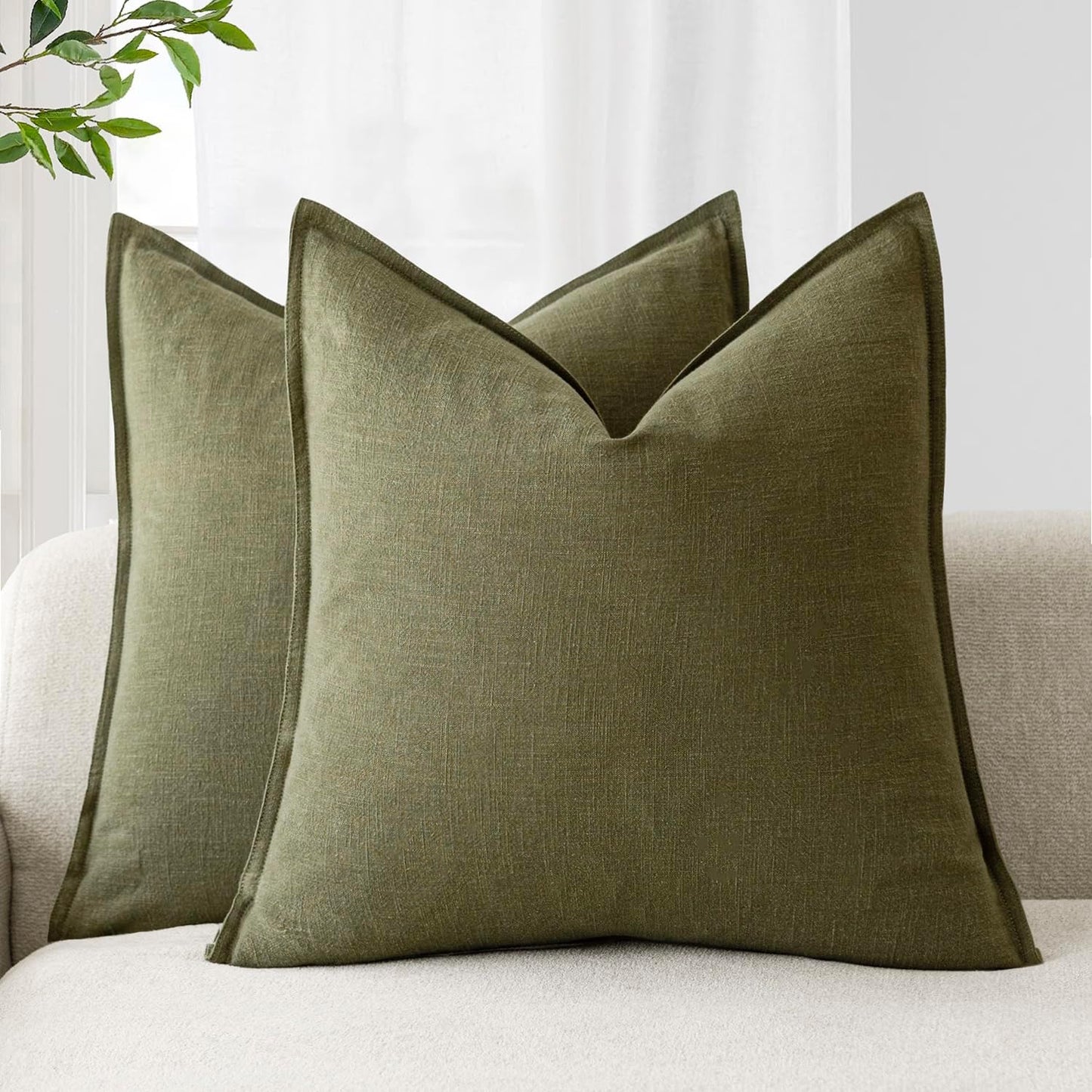 Foindtower Pack of 2, Decorative Linen Soild Throw Pillow Covers Soft Accent Cushion Case Boho Farmhouse Pillowcase for Chair Couch Sofa Bedroom Living Room Home Decor 24 x 24 Inch Olive Green