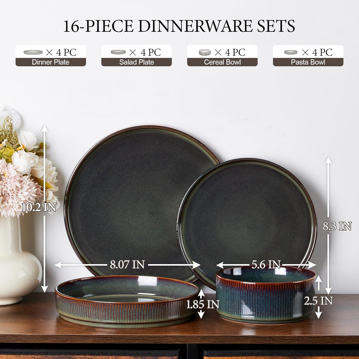 E-far 16 Piece Dinnerware Sets, Plates and Bowls with Pasta Bowls Service for 4, Modern Stoneware Ribbed Dishes for Kitchen Dining, Microwave & Dishwasher Safe, Blackish Green