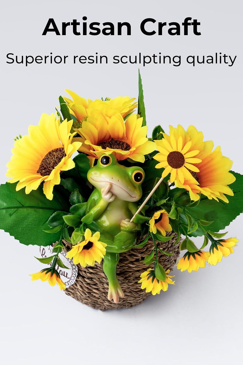 Frog Figurine, Whimsical Hand-Painted Resin Frog Statue with Flower and Flag, Shelf Decor for Living Room Desk Office, Charming Funny Frog Garden Decor, Frog Birthday Gift for Women