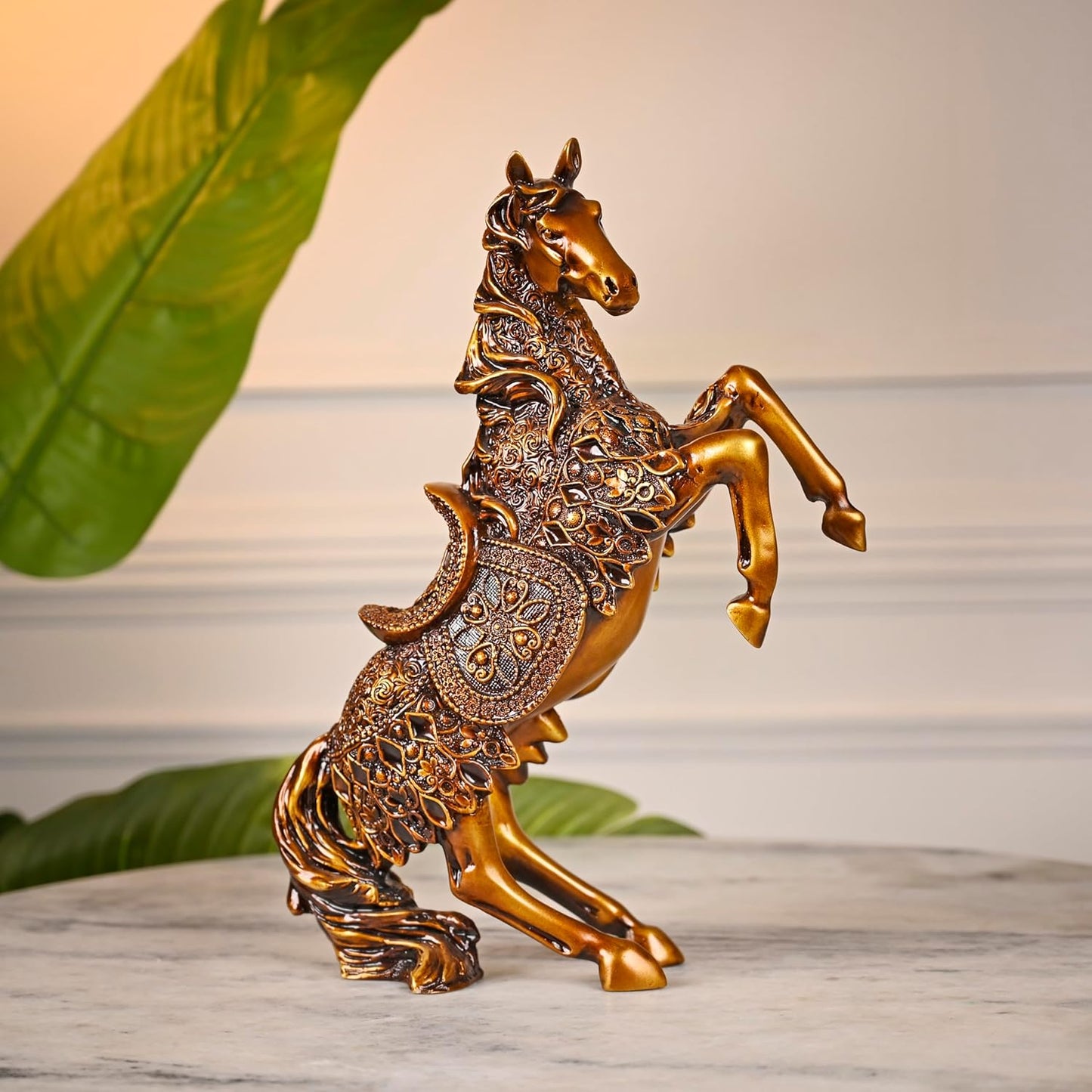 Horse Statue for Home Decor - Office Showpiece Item - Golden Art 14'' Figurines Statues for Desk & Room Cabinet to Attract Luck and Wealth Resin Horse Ornaments Gift for Mother - 1pcs