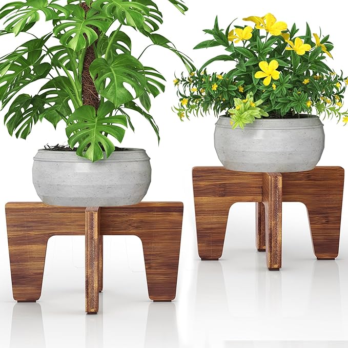 Plant Stands Indoor Outdoor, Plant Risers for Inside Pots Sturdy Short Plants Holder, Flower Pot Stand for Indoor Plants, Small Single Floor Plant Bamboo Display Stand (Brown 12“ (2 pack))
