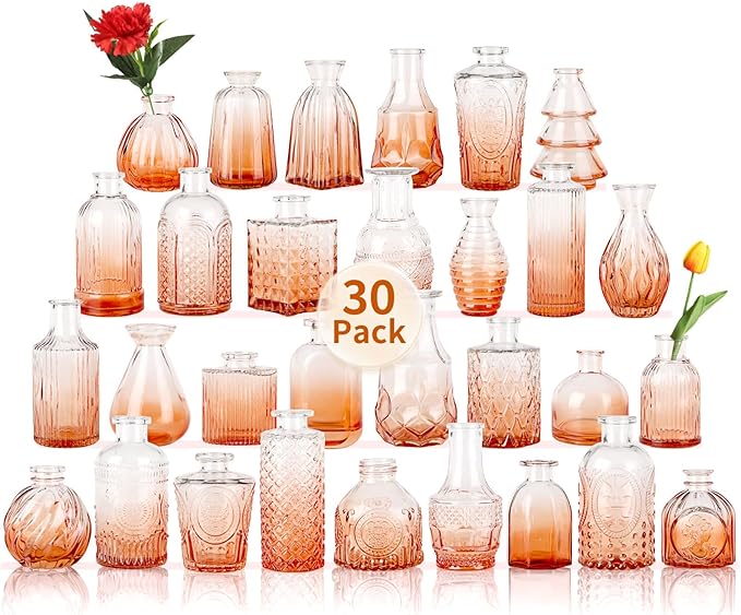 Mini Glass Bud Vases Flower Vases for Centerpieces- Ideal for Home Decor, Wedding & Bridal Shower Centerpieces, Party & Anniversary Decorations, Candle Holders,Aromatherapy Bottles(30 pcs,Light red)