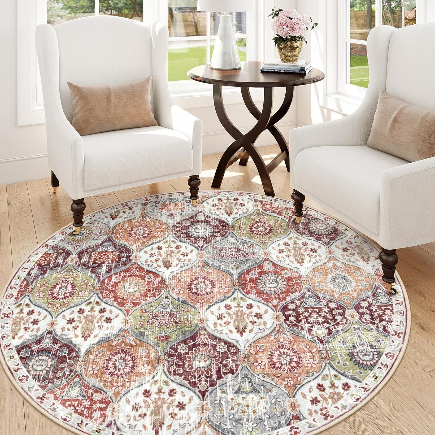 Lahome Moroccan Trellis Round Area Rugs, Washable Small Round Rug 3ft Non-Slip, Soft Vintage Ultra-Thin Circle Carpet for Bedroom Entryway Kitchen Laundry Bathroom, Orange/Terracotta