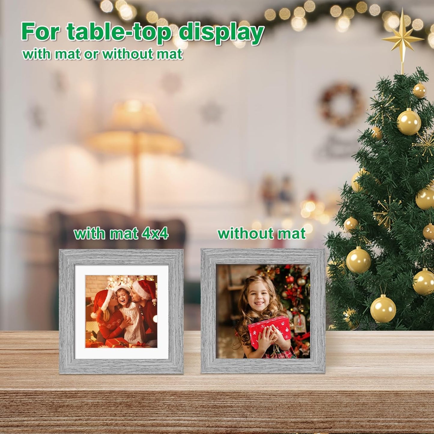 KINLINK 5x5 Picture Frame, Grey Square Solid Wood Frames for Pictures 4x4 with Mat or 5x5 without Mat, Wall and Tabletop Display Photo Frames Grey Wood 4 Pack