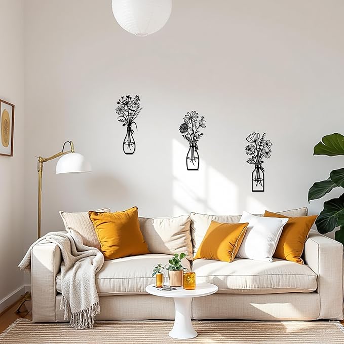 3 Pieces Metal Flowers Wall Art Decor, Farmhouse Minimalist Bathroom Wall Decors Sculptures for Living Room Dining Room Bedroom Housewarming Gifts