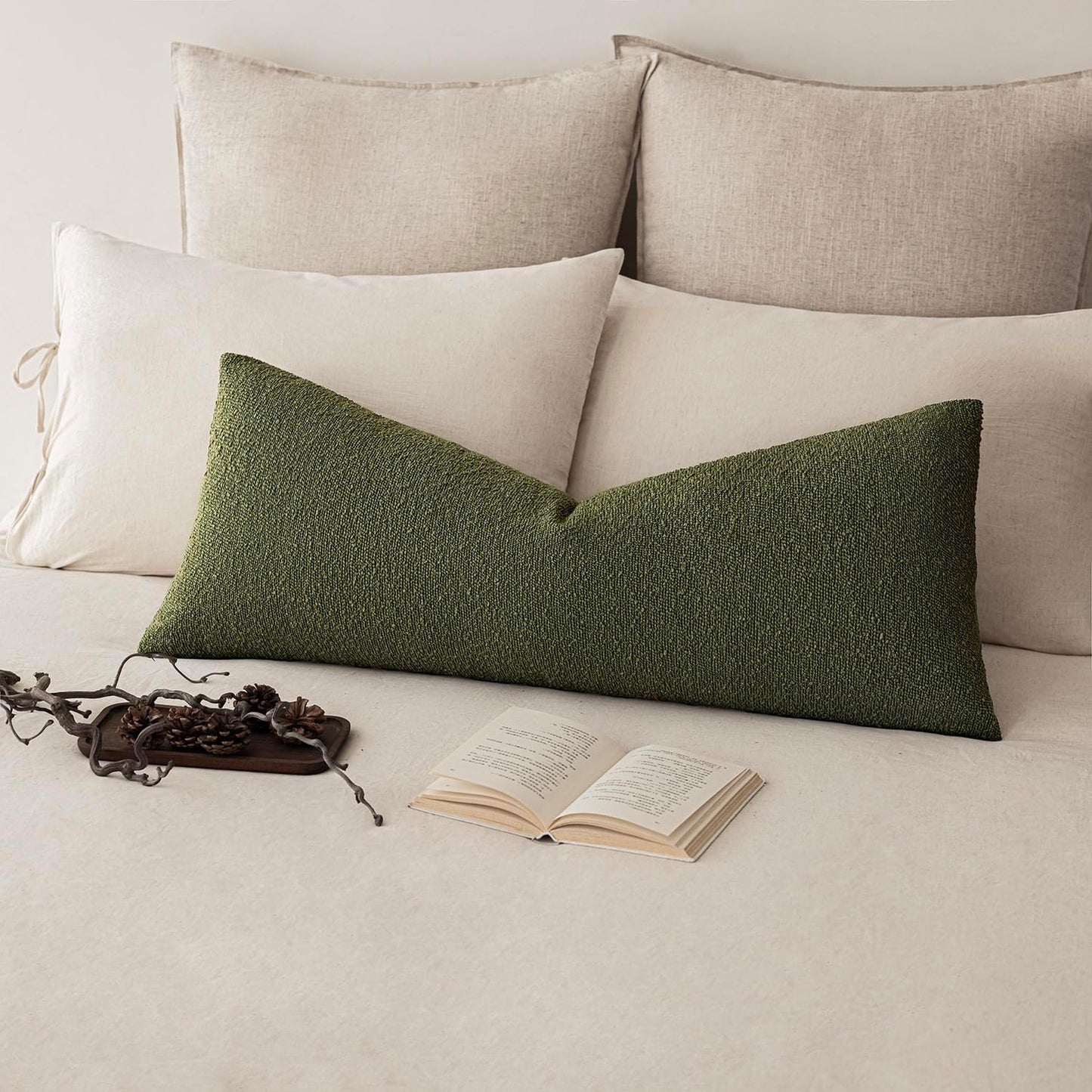 Foindtower Decorative Textured Boucle Throw Pillow Covers Accent Solid Pillow Cases Neutral Long Body Lumbar Couch Cushion Case for Chair Sofa Bedroom Living Room Home Decor 14x36 Inch,1PC,Moss Green