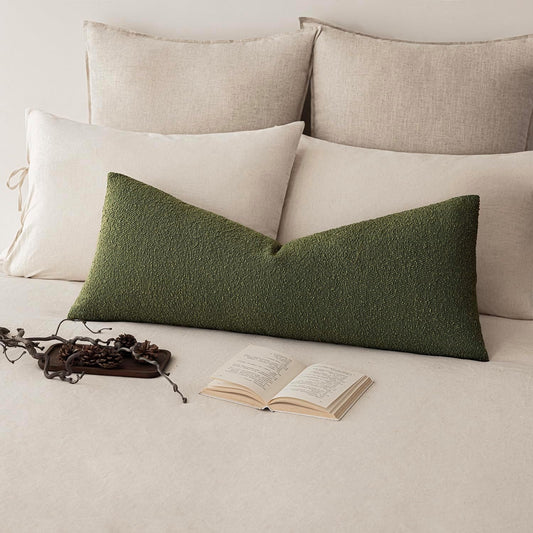 Foindtower Decorative Textured Boucle Throw Pillow Covers Accent Solid Pillow Cases Neutral Long Body Lumbar Couch Cushion Case for Chair Sofa Bedroom Living Room Home Decor 14x36 Inch,1PC,Moss Green