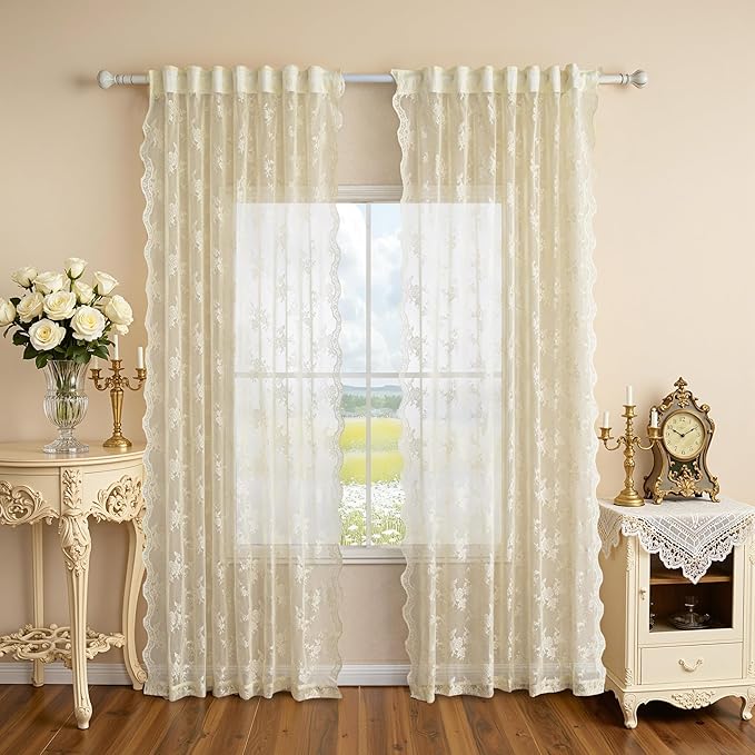 MEETSKY Lace Sheer Curtains 84 Inch Long 2 Panels Set Vintage French Victorian Spring Floral Pattern Design Light Filtering Back Tab Rod Pocket Drapes for Living Room, 50" W Each Panel, Light Yellow