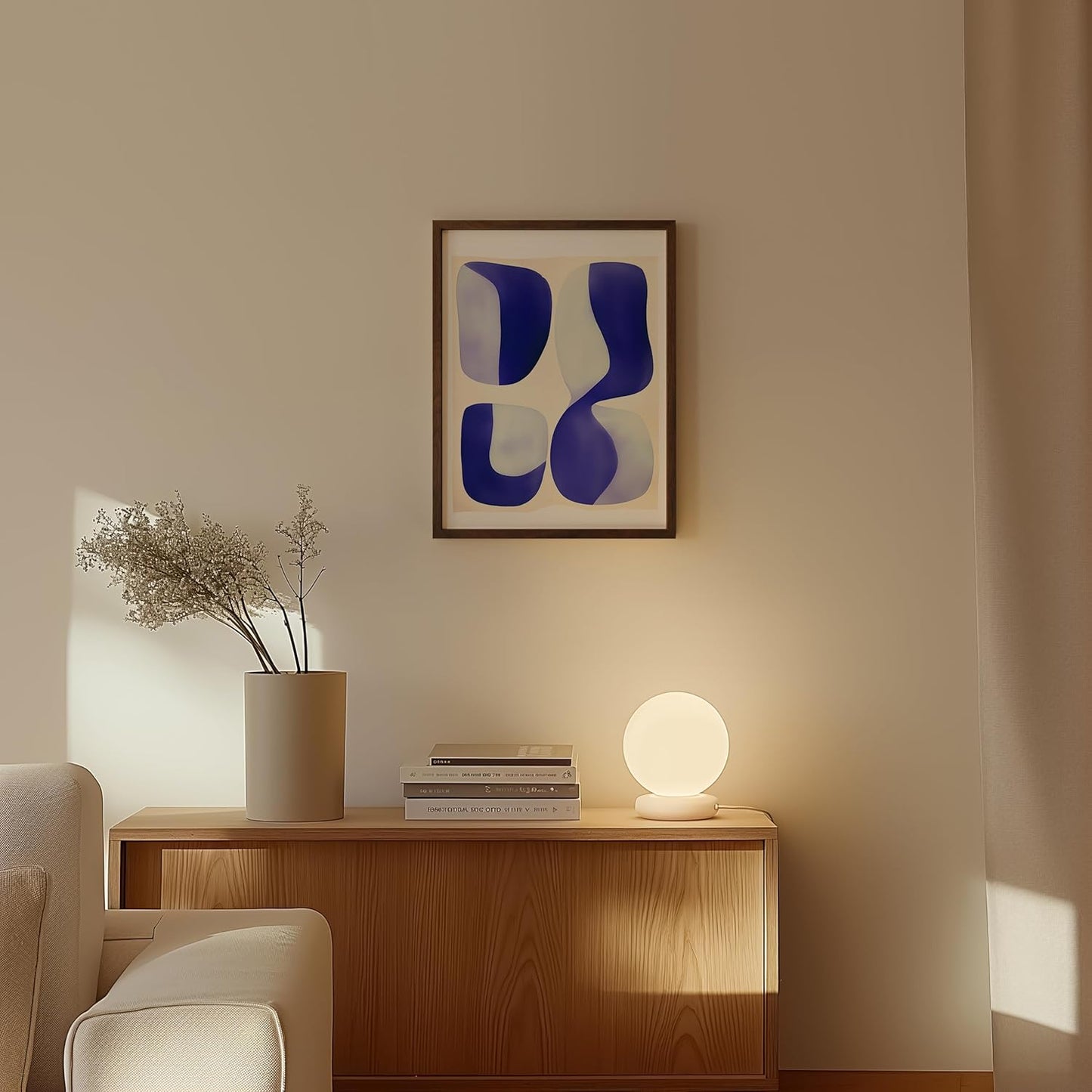 HAUS AND HUES Modern Abstract Wall Art - Blue and Green Living Room Art, Modern Artwork for Walls, Minimalist Picture for Living Room(Blue Tribal Shapes 2, Walnut Frame, 12x16)