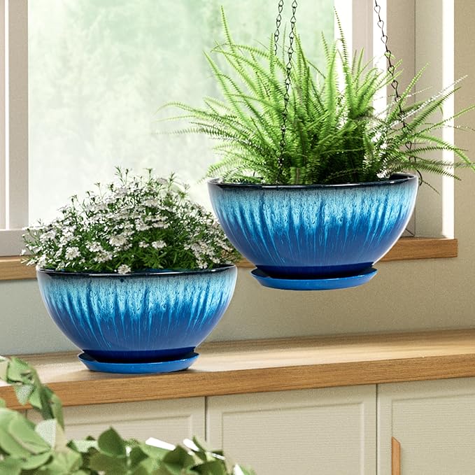 Hanging Planters for Indoor Outdoor Plants-2 Pack 10 inch Hanging Plant Pots with Drainage and Hanging Plant Holder, Hanging Planter for House Plants (Blue Flowing Glaze)