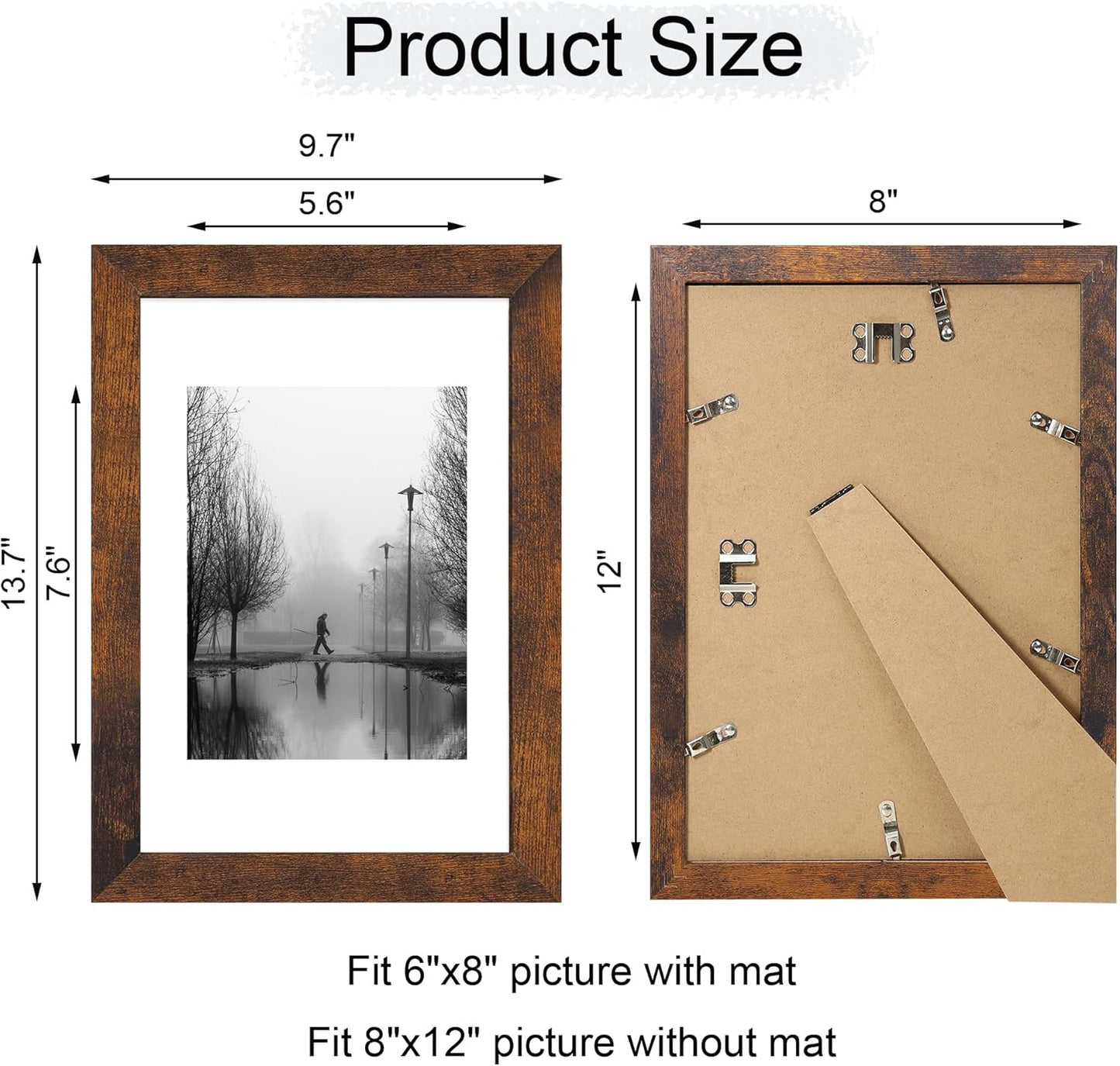 iRahmen 8x12 Picture Frame Set of 4 with High Definition Real Glass, Display 6x8 Pictures with Mat or 8 x 12 Without Mat, Wood Rustic Photo Frames for Tabletop and Wall Mounting