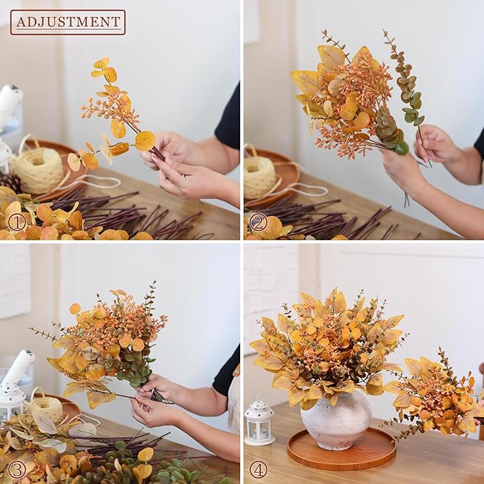 120 Pcs 5 Kinds Mixed Artificial Eucalyptus Leaves Stems and Fake Berry Bulk for Fall Decorations,Faux Plants Bundle for DIY Bouquets Floral Arrangement Wedding Engagement Party Autumn Decor (Orange)