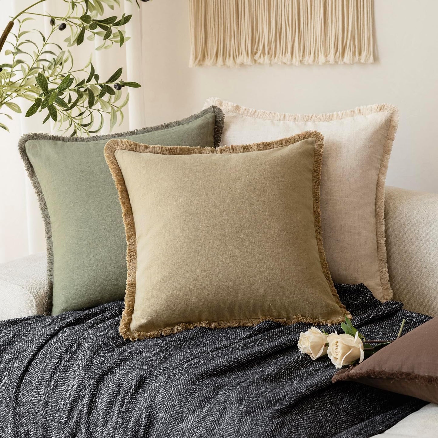 Foindtower Set of 2 Decorative Linen Fringe Throw Pillow Covers Farmhouse Cushion Cover with Tassels Soft Accent Pillowcase for Couch Chair Sofa Bed Living Room Home Decor,16×16 Inch,Light Khaki Taupe
