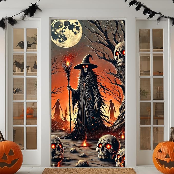 IVN Halloween Door Cover Grim Reaper Witch Scythe Skulls Full Moon Haunted Decor Doors Banner 35x71 Inch Backdrop Decoration for Spooky Events For Girls or boys gifts Banners Dedcrations
