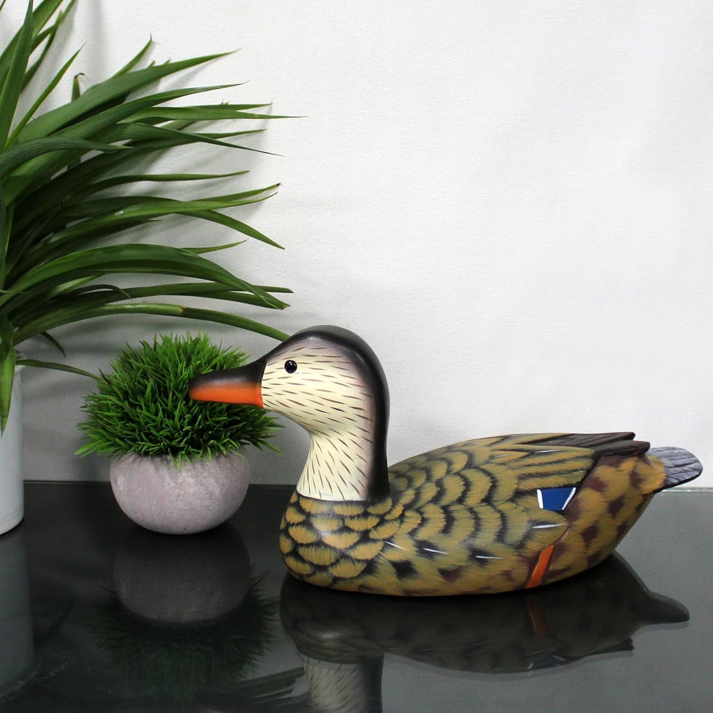 CVHOMEDECO. Primitives Hand Engraving and Painted Wood Duck Decor Farmhouse Figurine Mallard Decorative Accent, 13 Inch, Brown