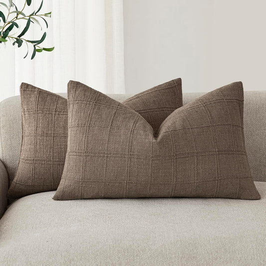 Foindtower Set of 2 Decorative Linen Check Throw Pillow Covers Neutral Farmhouse Lumbar Cushion Covers Modern Boho Home Decor for Sofa Chair Couch Bedroom Living Room,12×20 Inch,Taupe Grey