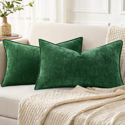 decorUhome Christmas Couch Throw Pillow Covers 12x20 Set of 2, Decorative Soft Euro Neutral Chenille Lumbar Pillow Covers with Elegant Design for Sofa Bed Living Room Home Decor, Green