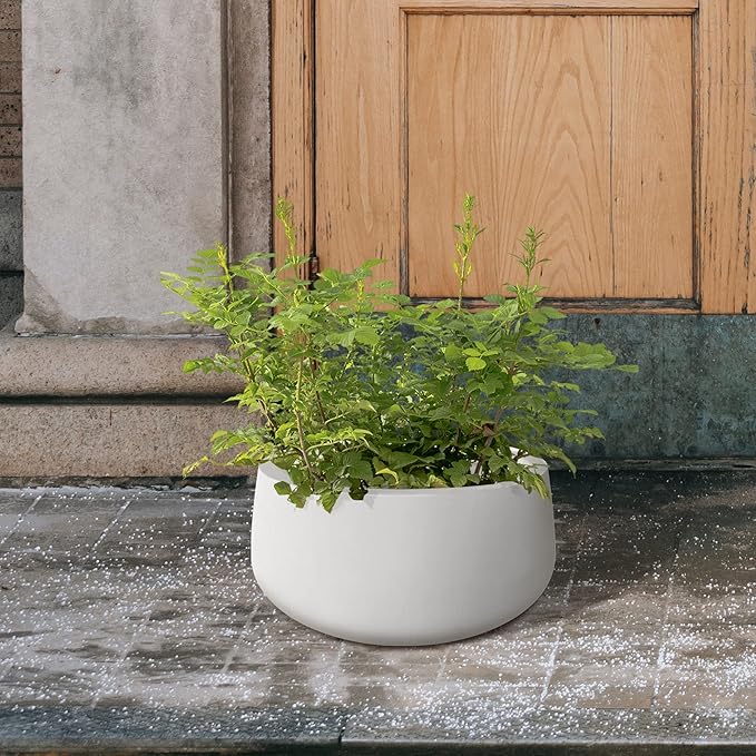 Kante 19.6" Dia Round Concrete Planter, Outdoor Indoor Garden Plant Pots with Drainage Hole and Rubber Plug, Modern Curvaceous Design, Pure White