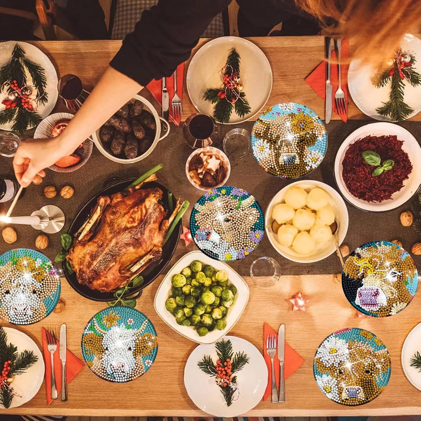 Leatrice 8PCS Highland Cattle Diamond Art Coasters Small Diamond Painting Kits for Adults Beginners Women Gem Art Coasters with Holder Funny DIY Crafts for Home Decor