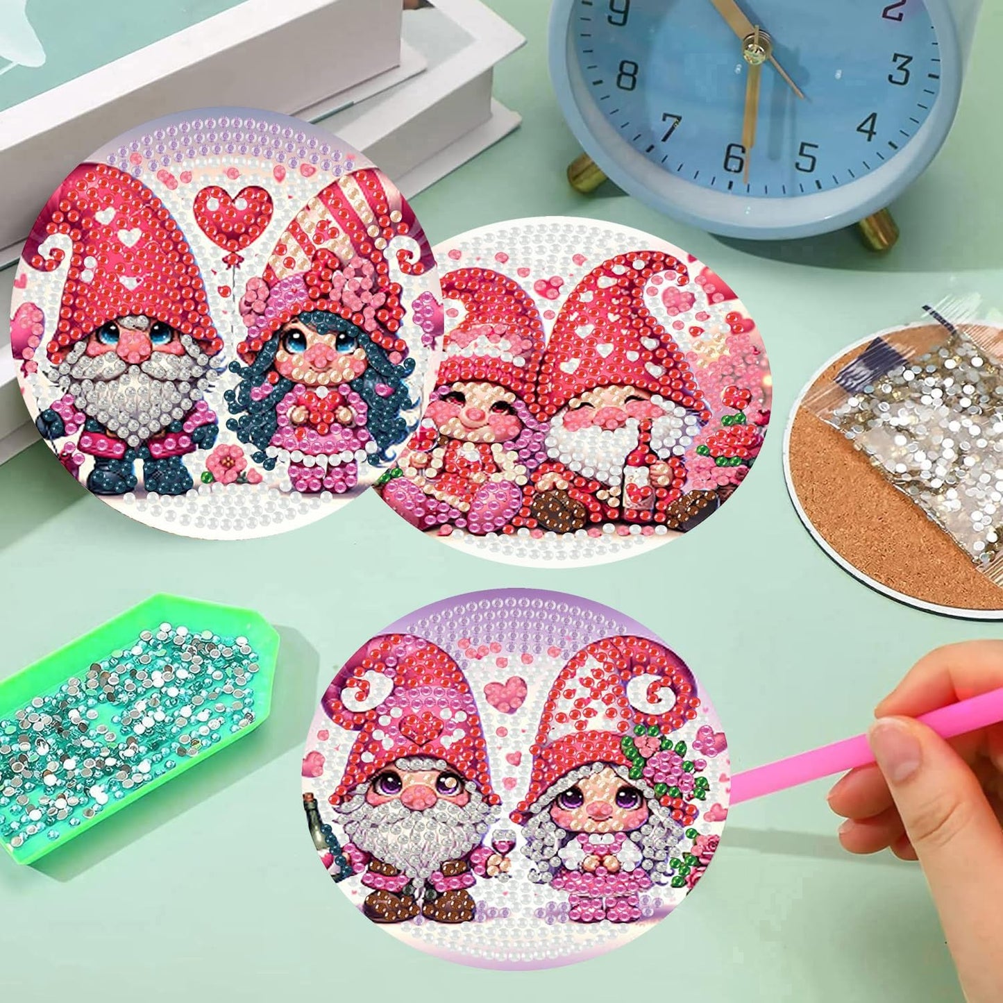 Meothan 8 Pcs Diamond Art Coasters Kits for Adults with Holder Cork Pads, Valentine's Day Gnomes Diamond Dots Art Painting Coasters Crafts Kit for Home Office Decor (4x4in)